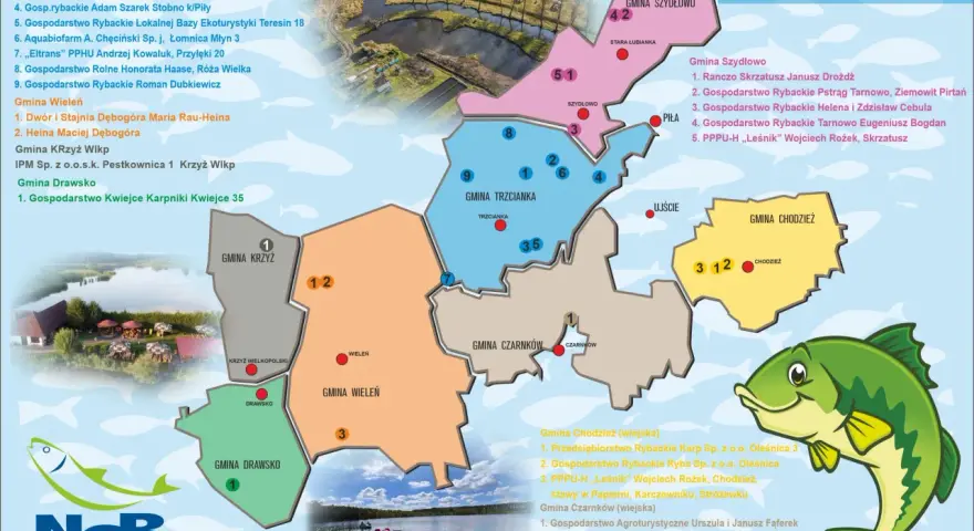Mapa prezentująca gminy i gospodarstwa rybackie w regionie nadkaspijskim.