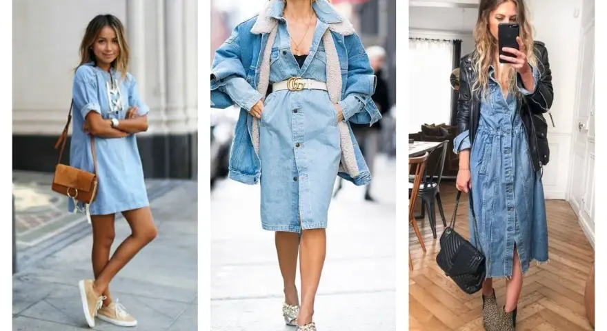 Trois femmes portent une robe en jean. La première avec des baskets, la deuxième avec une veste en jean doublée et la troisième avec une veste en cuir.