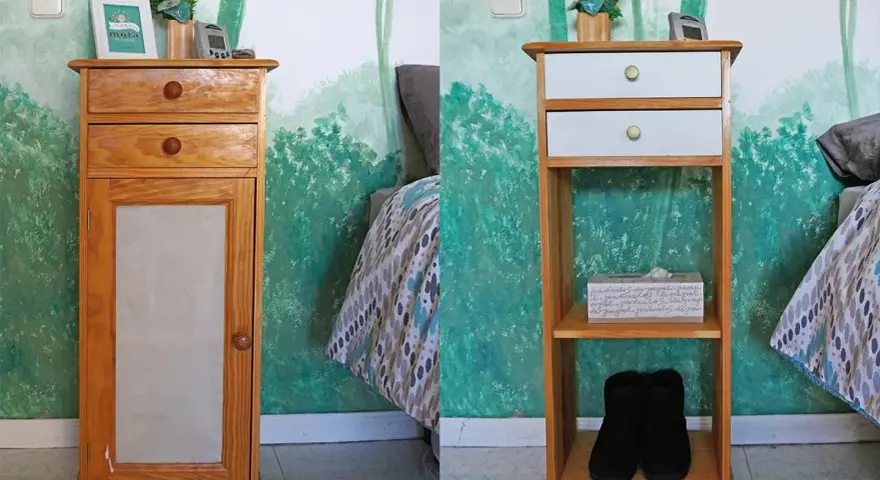 Antes y después de restaurar mesita de noche. La mesita de madera con puerta y cajones se transforma en un mueble abierto con estantes.