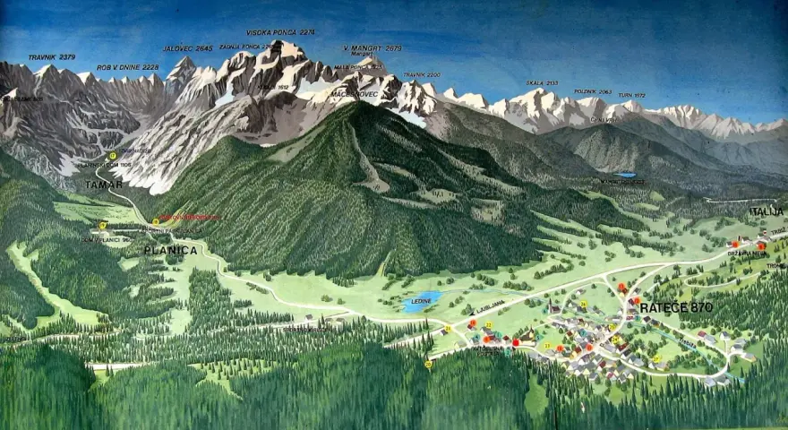 Planica, znana zmagovalnih skakalnic, je obdana z veličastnimi gorami, kot so Mangart, Jalovec in Visoka Ponca.