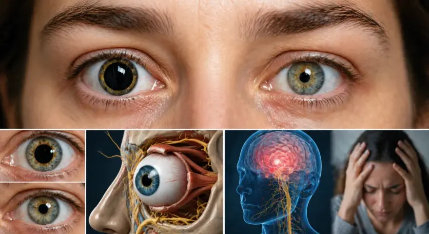 Occhi con la parte nera dell'occhio (pupilla) dilatata e contratta, anatomia oculare, cervello con emicrania e donna sofferente.