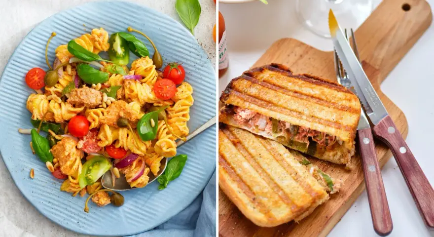 Två läckra recept med tonfisk på burk: en pastasallad med körsbärstomater och kapris, samt en grillad toast med tonfiskröra.