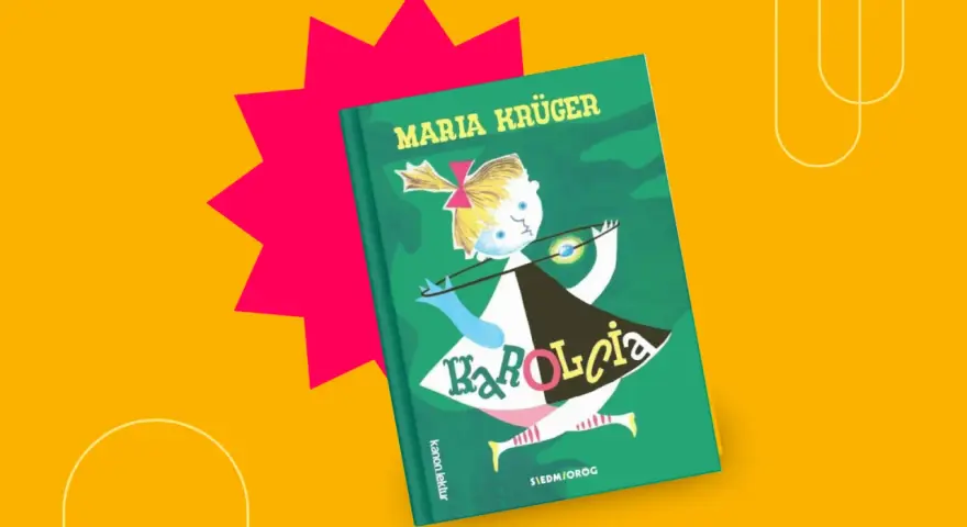 Okładka książki "Karolcia" Marii Krukger. Dziewczynka z kokardką na głowie trzyma magiczny koralik. To streszczenie przygód Karolci.