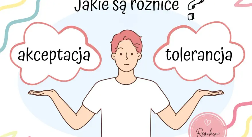 Postać z rozłożonymi rękami zastanawia się nad różnicą między akceptacją a tolerancją.