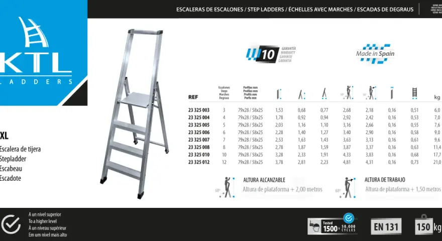 Escalera de tijera KTL con varios peldaños, ideal como materiales para forrar escaleras. Incluye especificaciones técnicas y medidas.