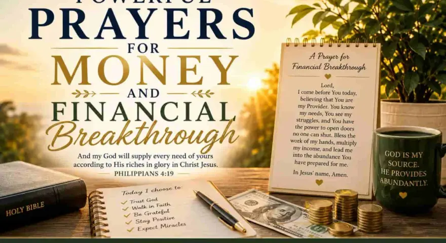 Modlitwa o pieniądze i przełom finansowy. Biblia, pieniądze, monety i notatnik z listą wyborów.