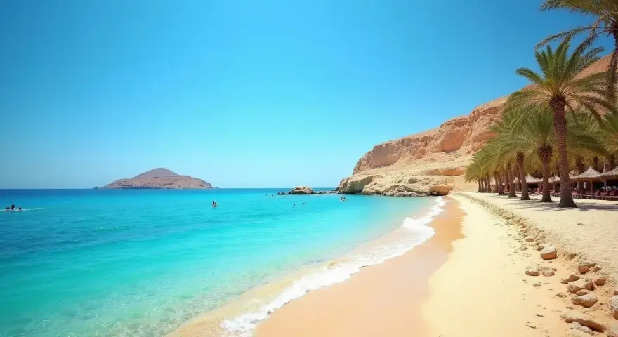 Piękna plaża w Egipcie. W lutym pogoda idealna na kąpiel w turkusowym morzu i relaks pod palmami.