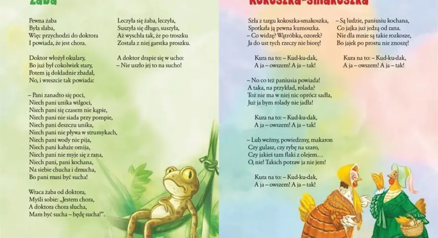 Żaba w wierszu "len brzechwa wiersz" leży w hamaku, a obok niej wiersz o kurach.