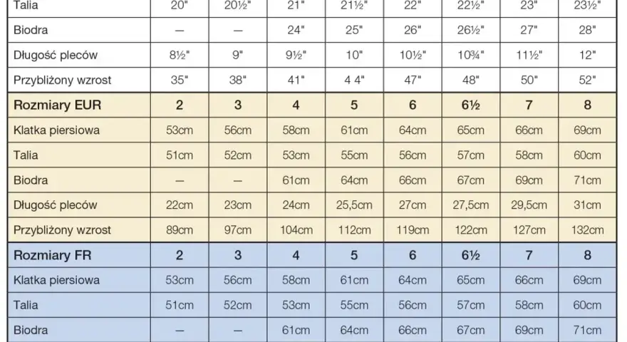 Tabela rozmiarów odzieży: US, EUR, FR. Rozmiar 146 odpowiada wiekowi ok. 10-12 lat, wzrost ok. 146 cm.