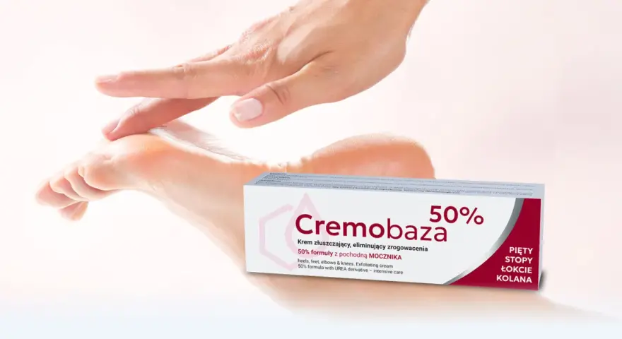 Cremobaza 50% – krem z mocznikiem na zrogowacenia. Skóra pięt, stóp, łokci i kolan staje się gładka.