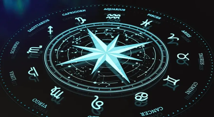Koło zodiaku z gwiazdą na środku. Znaki zodiaku i konstelacje tworzą mistyczną całość, sugerując numerologiczną 5 i podróż przez wszechświat.