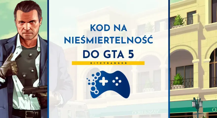 Postać z GTA V z pistoletem i napis "KOD NA NIEŚMIERTELNOŚĆ DO GTA 5".