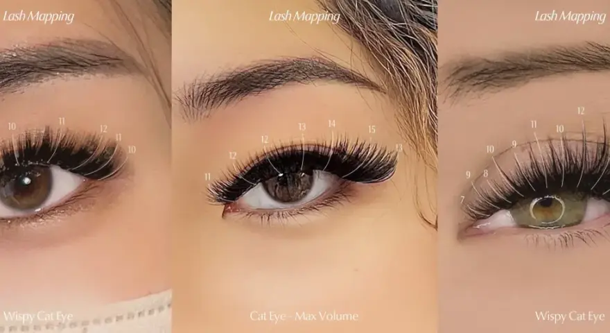 Trzy zbliżenia na oko z doczepianymi rzęsami. Pokazane różne układy rzęs, w tym efekt "kocie oko" i "wispy cat eye", z zaznaczonymi długościami.