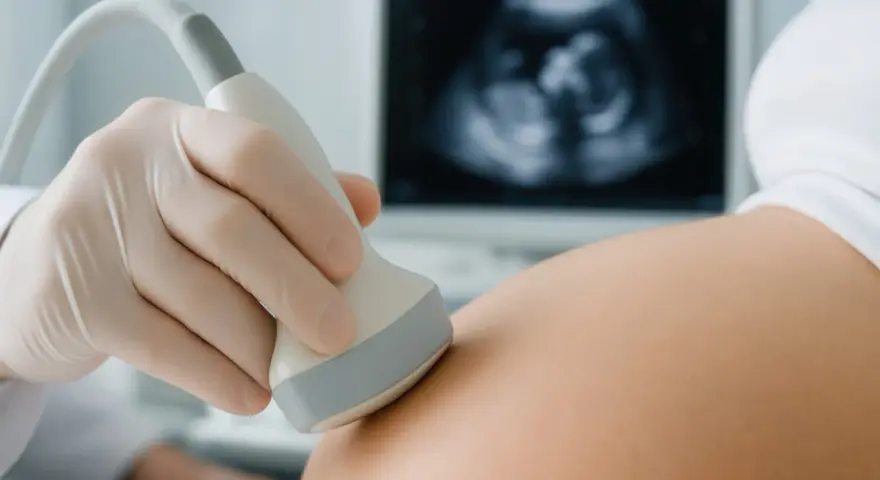 Pierwsze usg w ciąży. Dłoń w rękawiczce trzyma sondę aparatu USG, która dotyka brzucha ciężarnej. Na ekranie widoczny obraz płodu.
