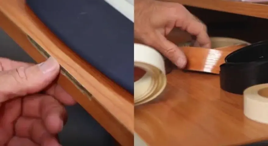 Manos reparando melamina despegada con cinta adhesiva de borde.