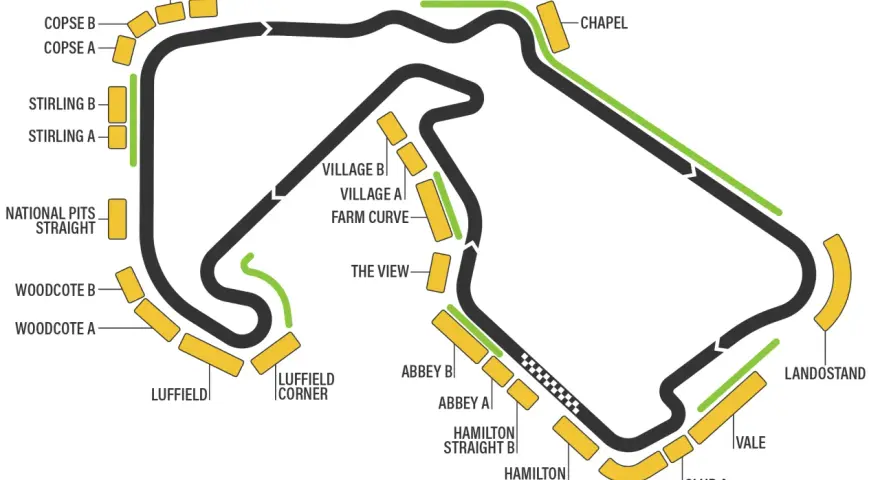 Mapa del circuito de Fórmula 1, con zonas de "General Admission" y gradas. La próxima carrera se acerca.