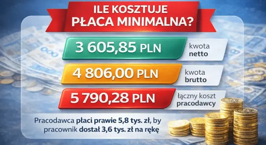 Ile kosztuje płaca minimalna? Pracownik dostaje 3605,85 zł netto, a pracodawca płaci 5790,28 zł.