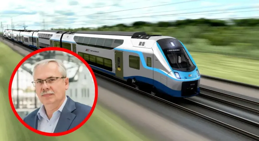 Portret mężczyzny w okularach w czerwonym okręgu na tle pędzącego pociągu PKP Intercity.