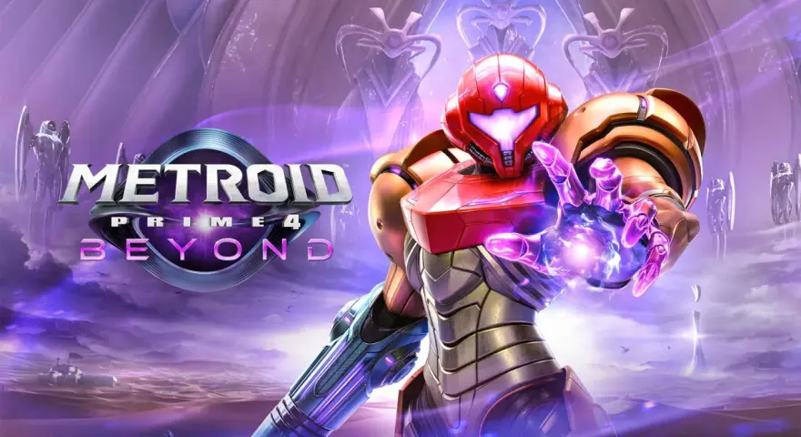 Samus Aran en su icónico traje de poder, lista para la acción en Metroid 4: Beyond. El planeta alienígena se extiende bajo un cielo púrpura.