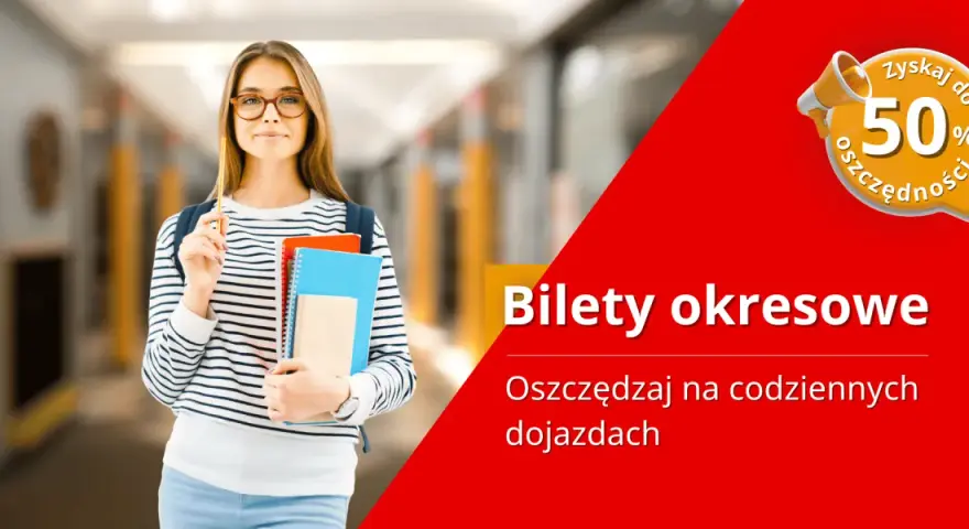 Młoda kobieta w okularach trzyma zeszyty i ołówek. Obok napis "Bilety okresowe".