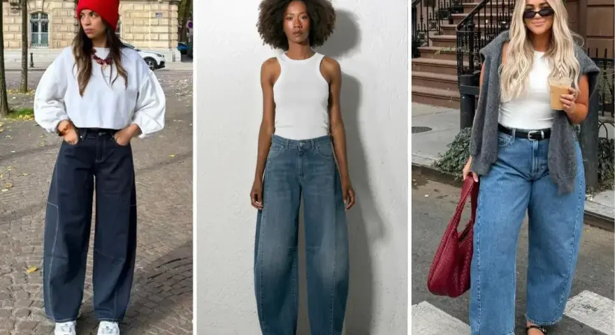 Trois femmes portent des jeans larges, un style décontracté et tendance. La forme de jean femme est mise en avant.
