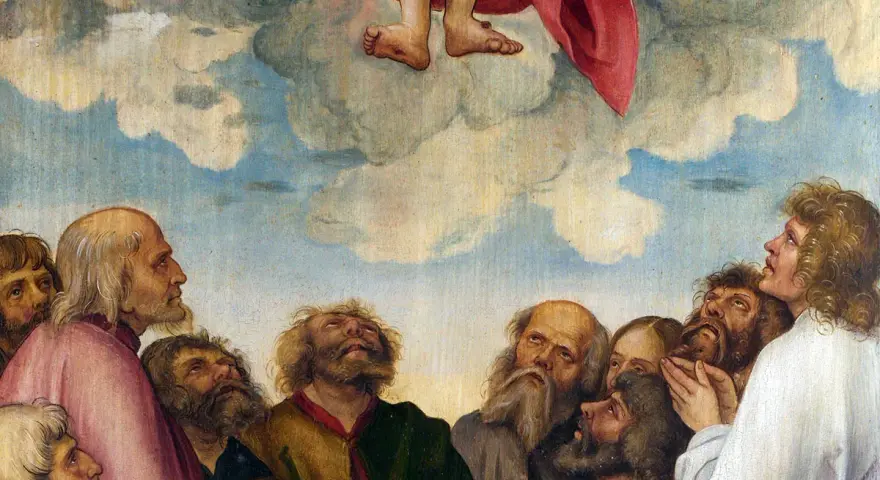 Männer blicken voller Ehrfurcht zum Himmel, wo die Füße Jesu bei Christi Himmelfahrt in den Wolken verschwinden.