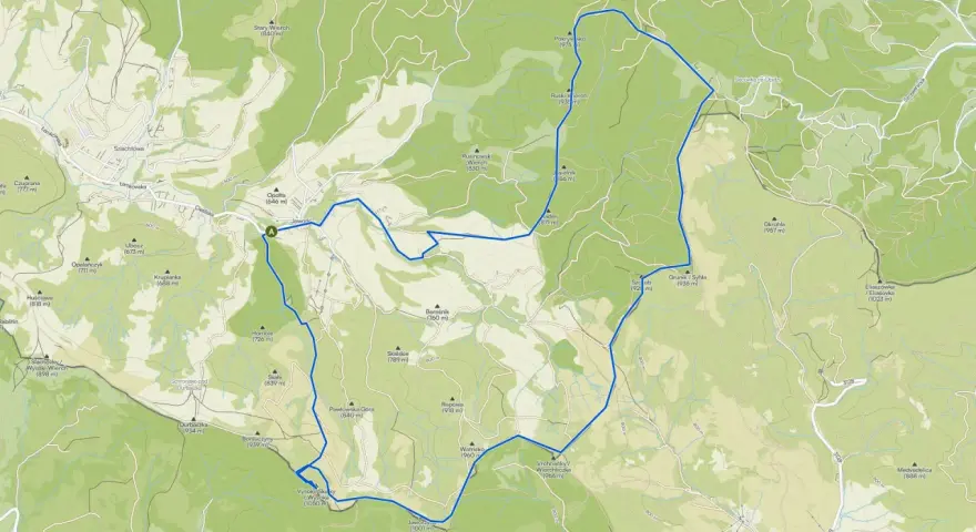 Trasa rowerowa przez **szczawnickie góry**, z widokiem na szczyty takie jak Durbaszka i Jaworzyna.