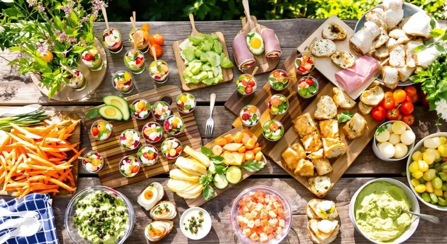 Idée apéro rapide sans cuisson : verrines colorées, crudités, toasts et dips variés sur une table en bois ensoleillée.