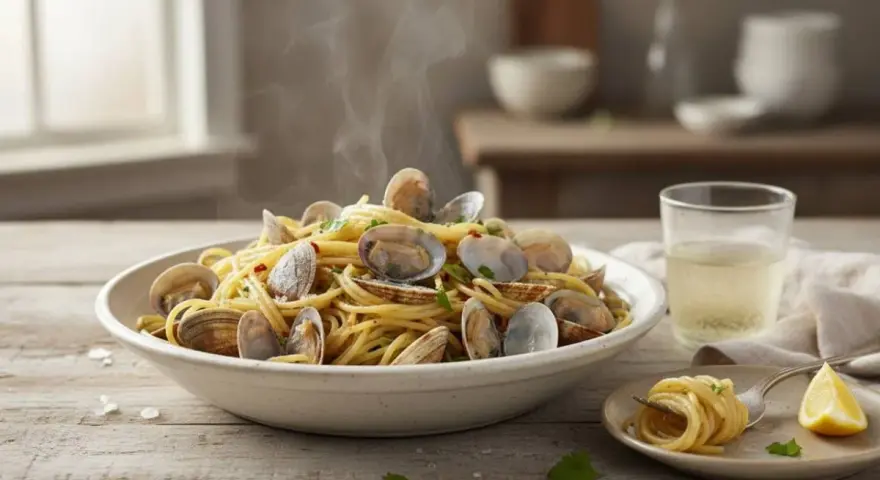 Un piatto fumante di spaghetti alle vongole, un classico della cucina italiana, preparato con ingredienti surgelati per un pasto veloce e gustoso.