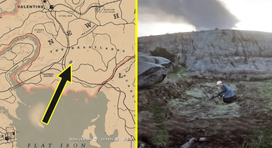 Poszukiwania rdr2 kości dinozaurów w sercu Heartlands. Mapa wskazuje lokalizację, gdzie archeolog kopie w ziemi.
