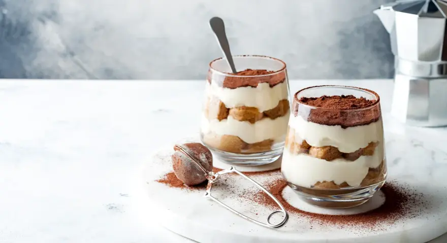 Dwa pucharki z kremowym tiramisu bez jajek, posypane kakao. Obok sitko do kakao i kawiarka.