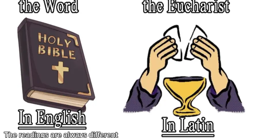 Liturgy of the Word (Bible in English) vs. Liturgy of the Eucharist (hands holding host over chalice in Latin).
