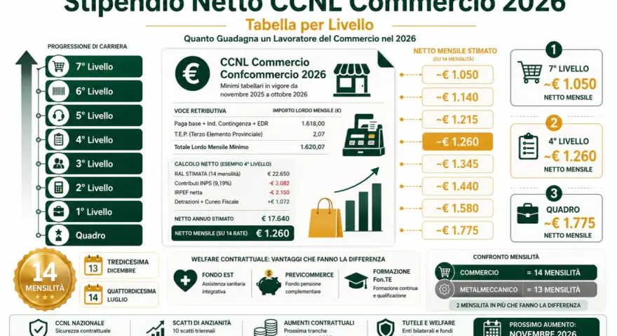 Quanto guadagna un magazziniere nel 2026? La tabella mostra stipendi netti mensili per diversi livelli, con il 4° livello a circa €1.260.