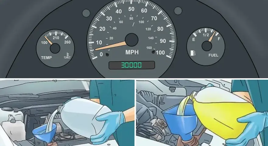 Learn how to flush radiator fluid at 30,000 miles. The image shows a car dashboard and someone adding fluid to the engine.