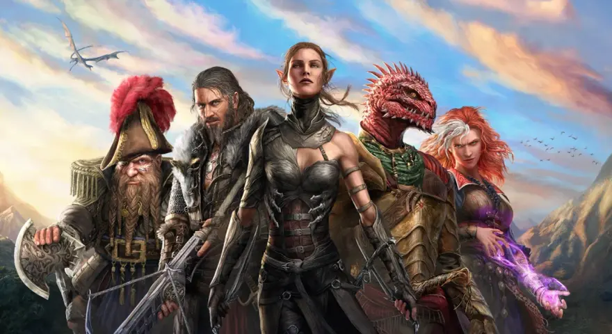 Cinco héroes de Divinity Original Sin 2, un enano pirata, un guerrero barbudo, una elfa, un lagarto y una pelirroja hechicera, posan ante un cielo nublado.