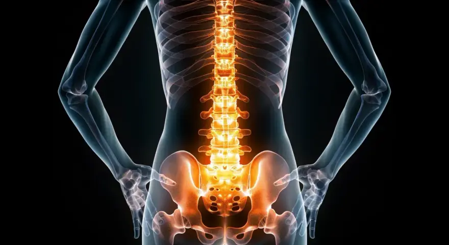 Anatomia człowieka z podświetlonymi kręgami lędźwiowymi i miednicą. Widoczne są mięśnie kręgosłupa lędźwiowego.