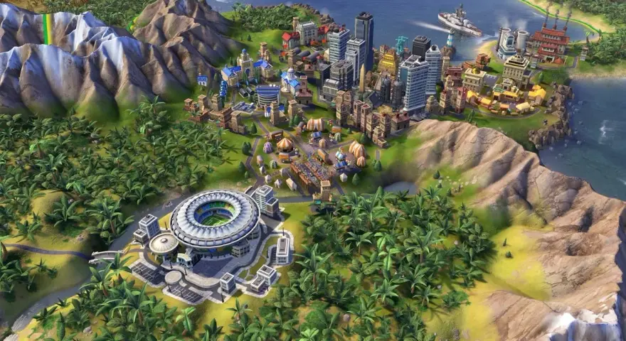 Rozbudowana metropolia z nowoczesnymi budynkami, stadionem i portem. Wskazówki do gry Civilization 6 poradnik.