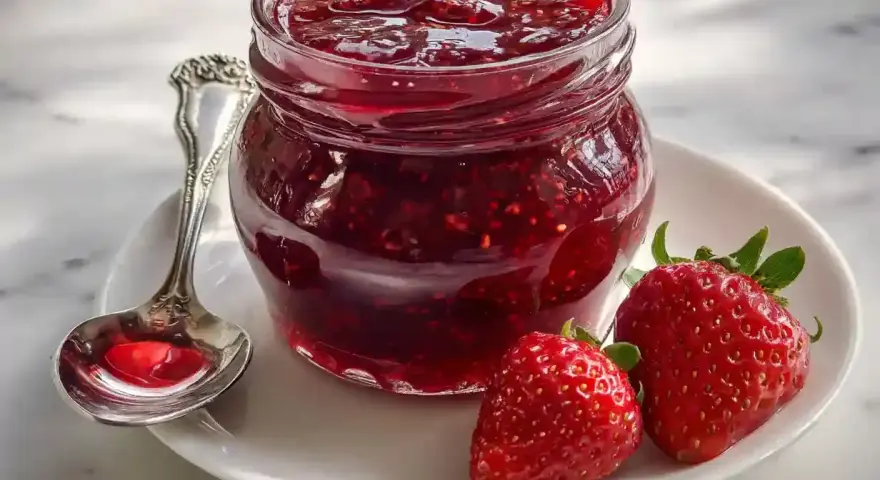 En burk med hemlagad jordgubbskompott, perfekt för frukostmackan. Syltsocker ger den rätt konsistens.