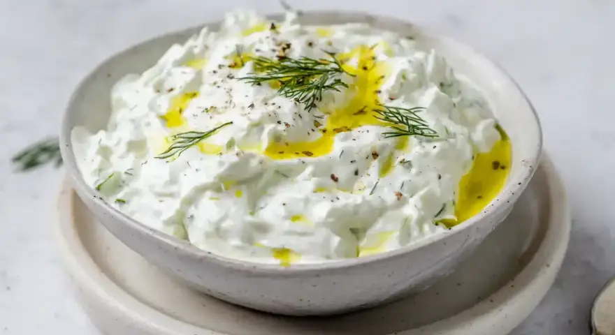 En skål med krämig tzatziki, perfekt för ditt tzatziki recept. Toppad med olivolja och färsk dill.