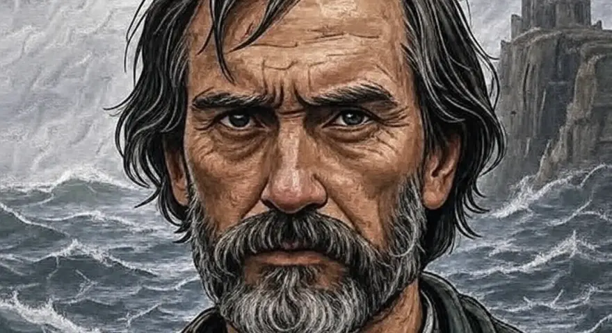 Zamyślony mężczyzna z brodą na tle wzburzonego morza i klifu. W jego oczach widać walkę, jakby przeżył wiele bitew, niczym bohater z opowieści o **5 mieczy**.