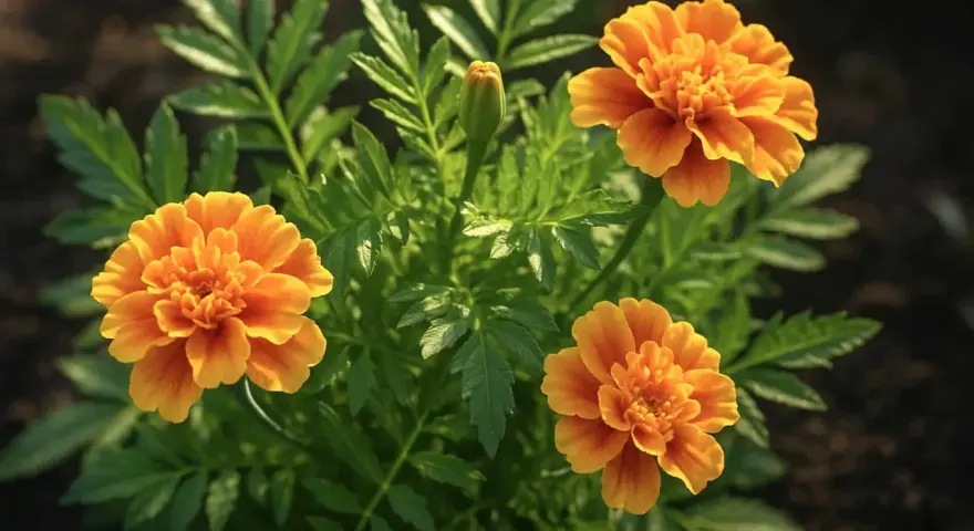 Tre soliga marigold svenska blommor med gröna blad. En knopp väntar på att slå ut.