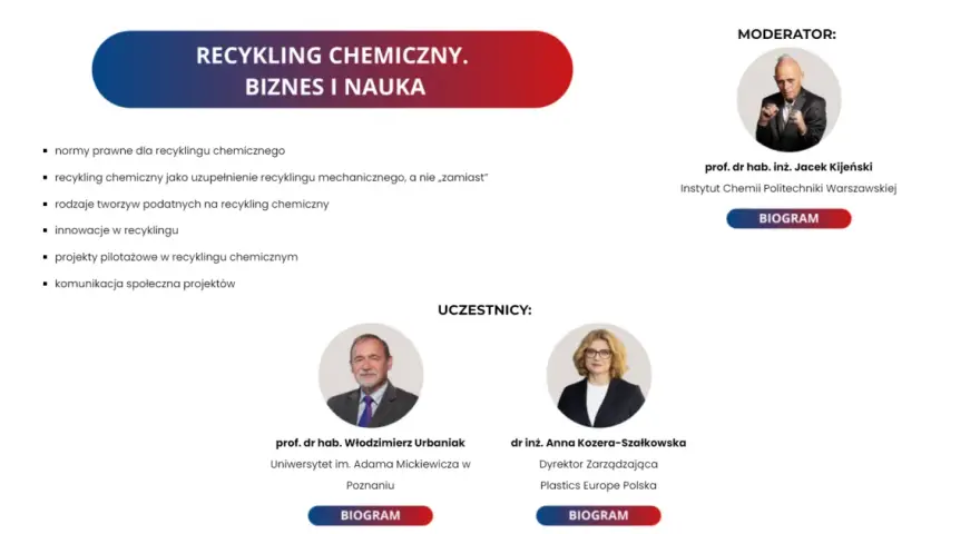 Grafika przedstawia tytuł "Recykling chemiczny. Biznes i nauka", listę tematów oraz zdjęcia moderatora i uczestników dyskusji.