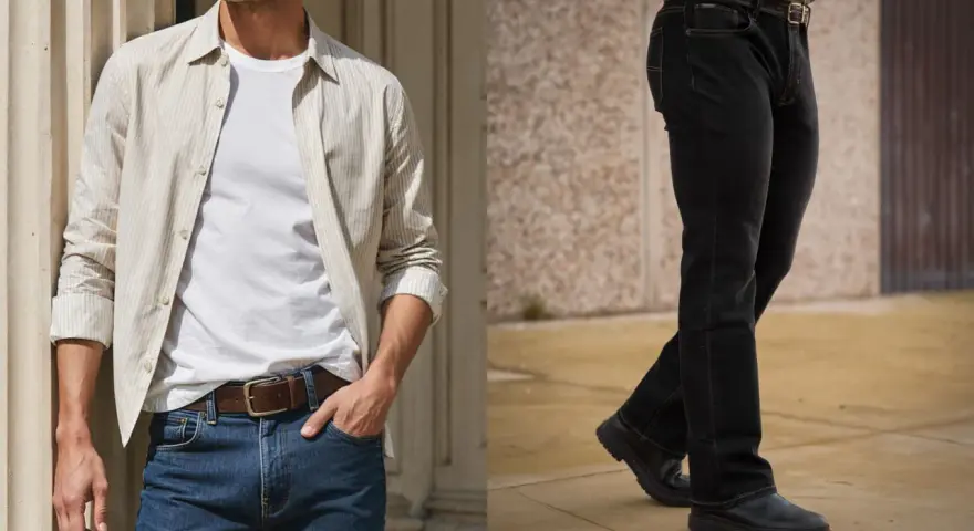 Uomo con fisico a triangolo, indossa jeans e camicia a righe.