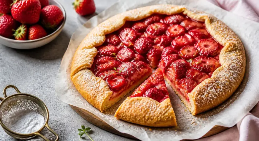 Saftige Erdbeer-Galette, perfekt für jedes galette rezept. Mit frischen Erdbeeren und knusprigem Teig, bestäubt mit Puderzucker.