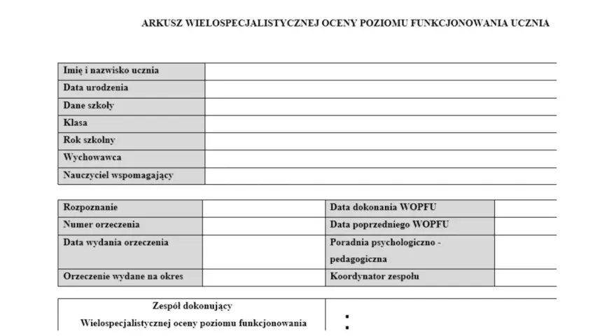 Arkusz Wielospecjalistycznej Oceny Poziomu Funkcjonowania Ucznia. Dokument zawiera dane ucznia, informacje o orzeczeniu i daty związane z ewaluacją WOPFU po pierwszym półroczu.