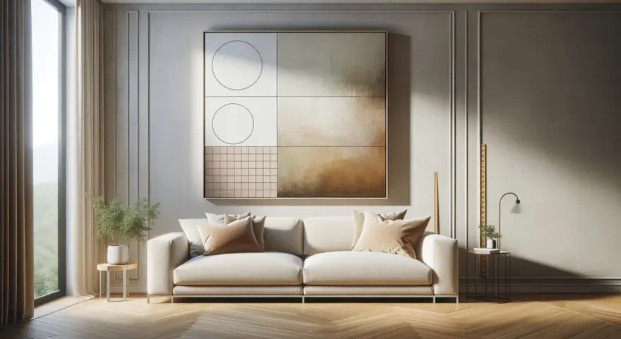 Un salon moderne avec un canapé blanc, un tableau abstrait aux formes géométriques et des tons chauds. Le **taille cadre tableau** est imposant, dominant le mur.