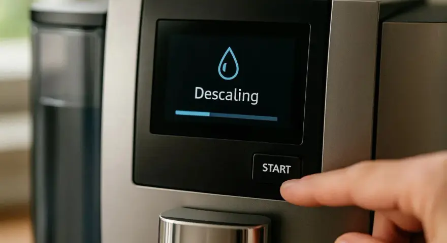 Une main appuie sur le bouton "Start" d'une machine Nespresso. L'écran affiche "Descaling" avec une barre de progression, indiquant le début du détartrage.