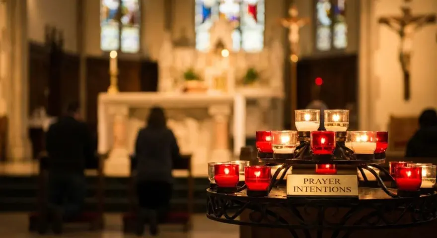 Candles glow in a church, with a sign reading "Prayer Intentions." People kneel in prayer, their mass intentions illuminated by the soft light.