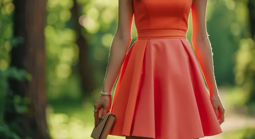 Une femme porte une robe rouge vif, parfaite pour un mariage en plein air. Elle tient un petit sac à main.