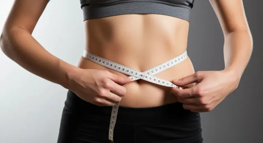 Mujer mide su cintura con cinta métrica, logrando un déficit calórico para perder grasa abdominal.